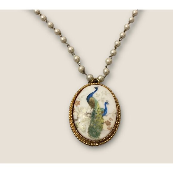 Vintage Peacock Painted Porcelain Pendant Necklace 22" Beaded Faux Pearl - Picture 1 of 3